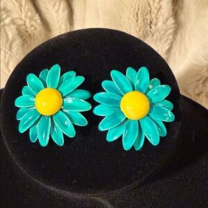 Vintage Turquoise and Yellow Daisy Flower Earrings